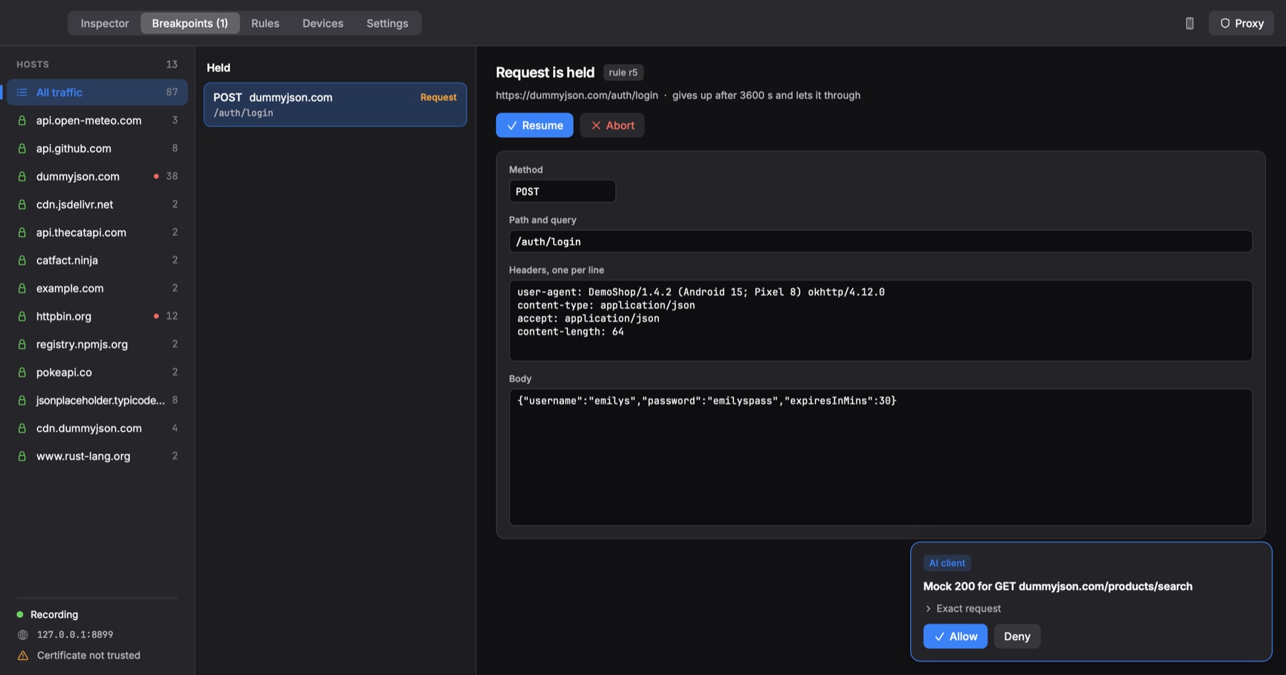 Breakpoints screen holding POST dummyjson.com/auth/login, with an AI client approval card in the corner