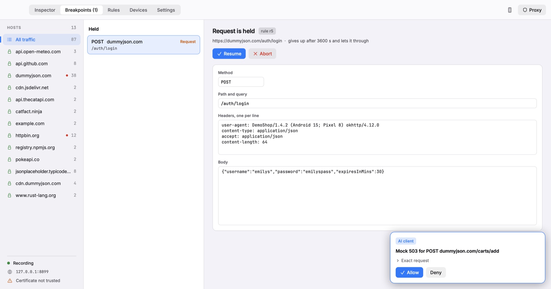 Breakpoints screen holding POST dummyjson.com/auth/login, with an AI client approval card in the corner