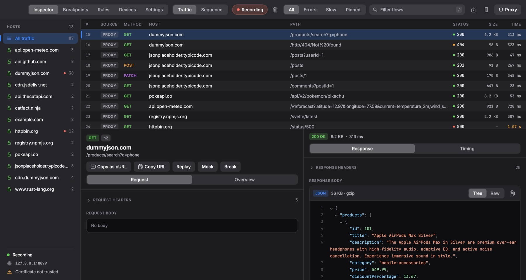 The Neko Inspector showing 87 captured requests, with a JSON product response open in a tree view