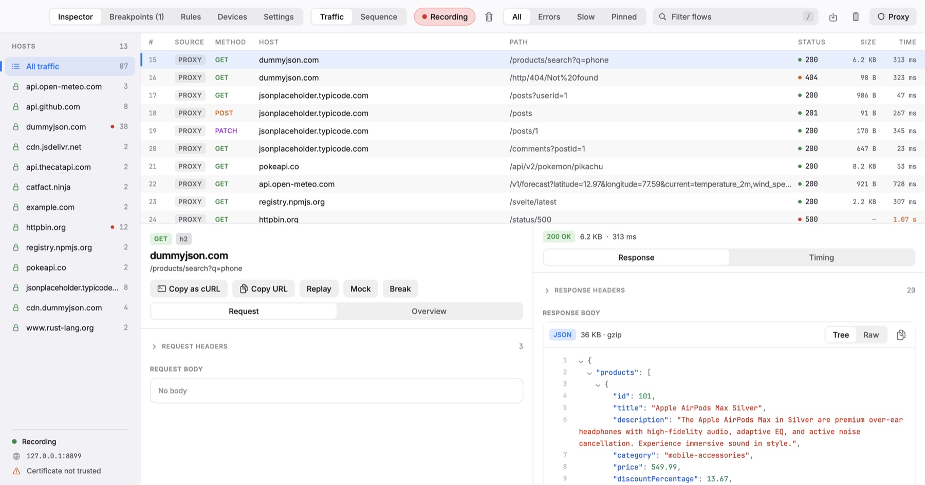 The Neko Inspector showing 87 captured requests, with a JSON product response open in a tree view