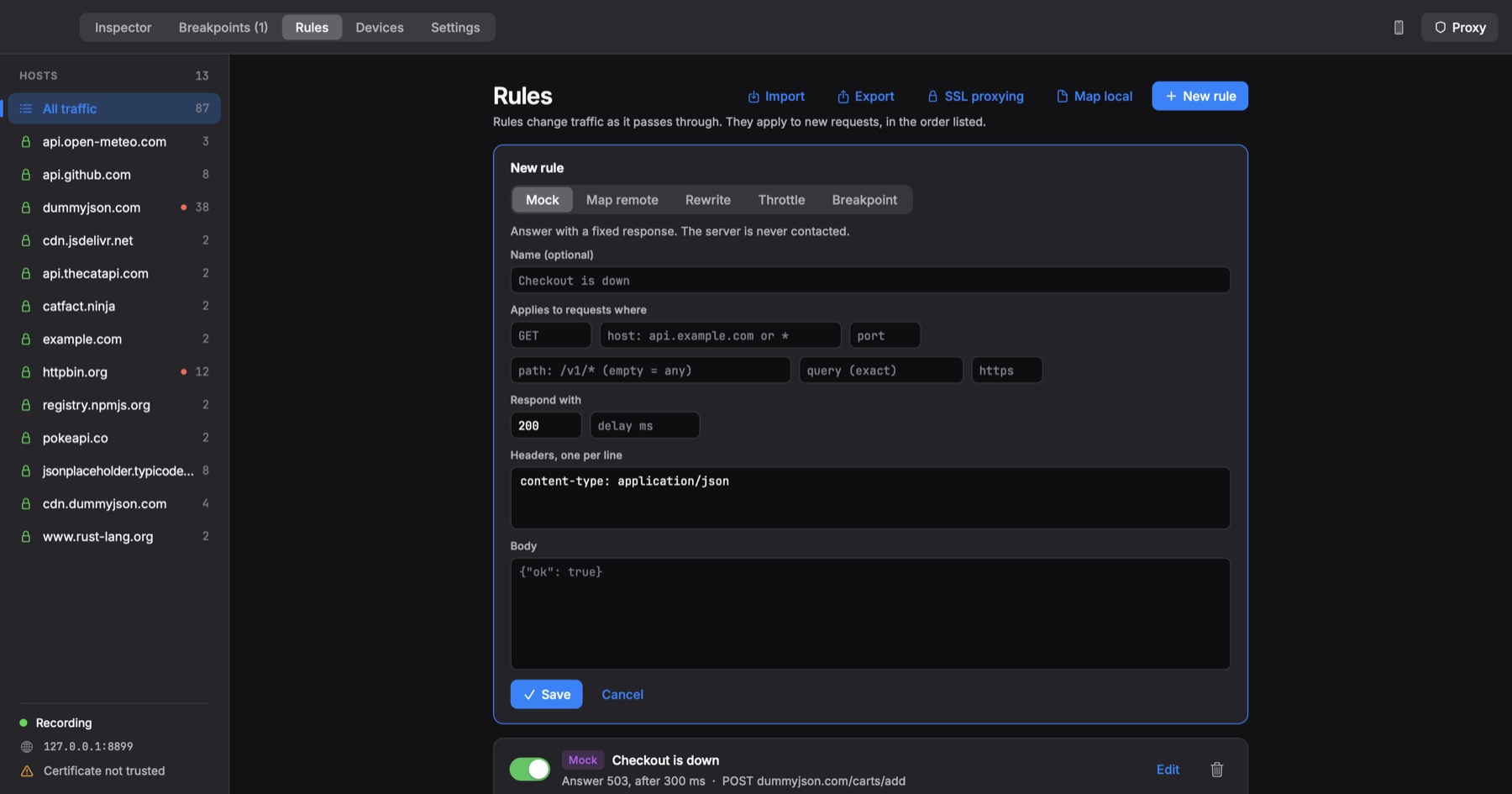 Rules screen with five rules: Checkout is down, Slow product images, Skip GitHub cache, Staging API and Hold login