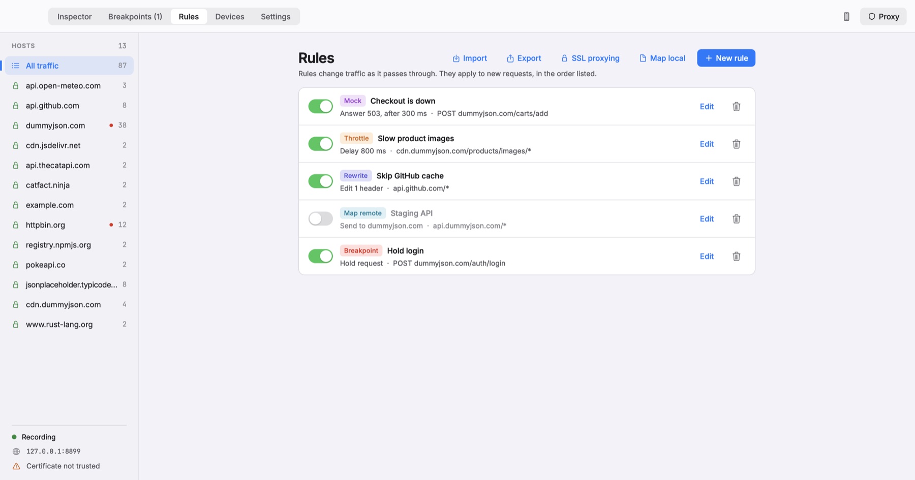 Rules screen with five rules: Checkout is down, Slow product images, Skip GitHub cache, Staging API and Hold login